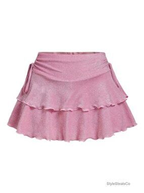 A Line Mini Skirt Glitter Ruffle Tiered Layered Skort